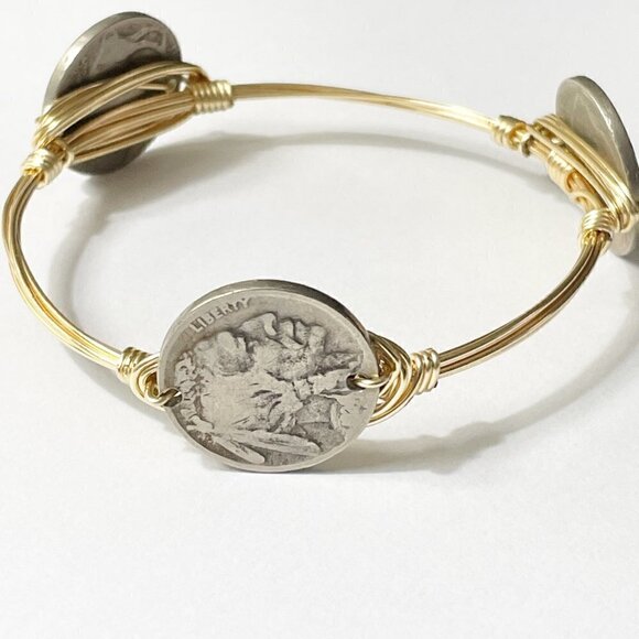 Vintage Indian Head Buffalo Three Nickels Currency Gold Wire Bangle Bracelet - Picture 4 of 6
